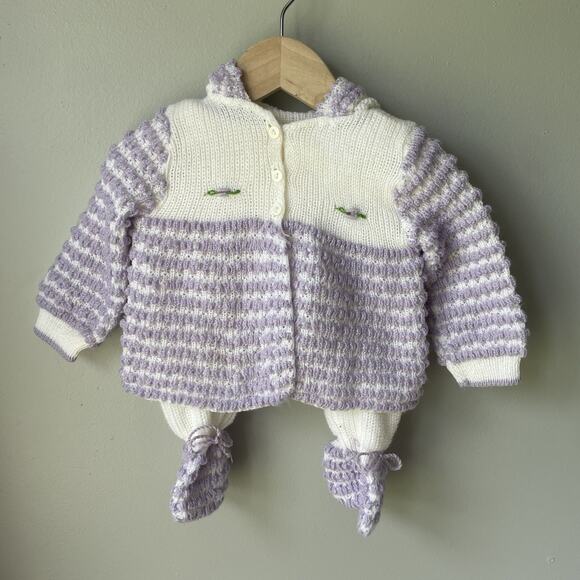 Vintage Baby Girl Outfit Set 9 Months Knitted Purple Embroidered Sweater Set - Picture 1 of 10